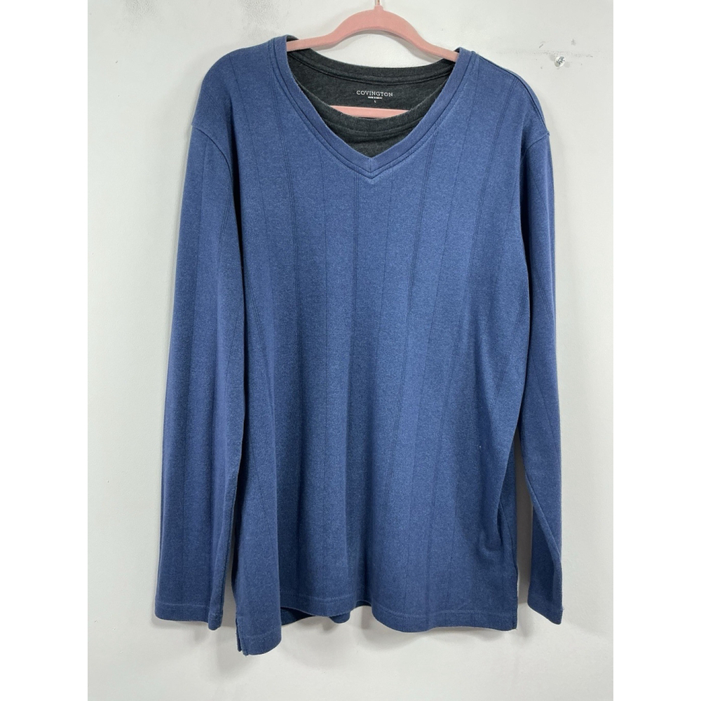 Mens Covington Pullover Long Sleeve Shirt Large Blue V Neck